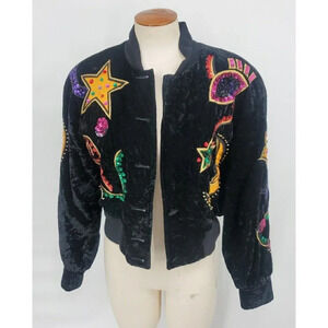 90's Escada Vintage Black Velvet Embellished Moon & Stars Bomber Jacket Size 36